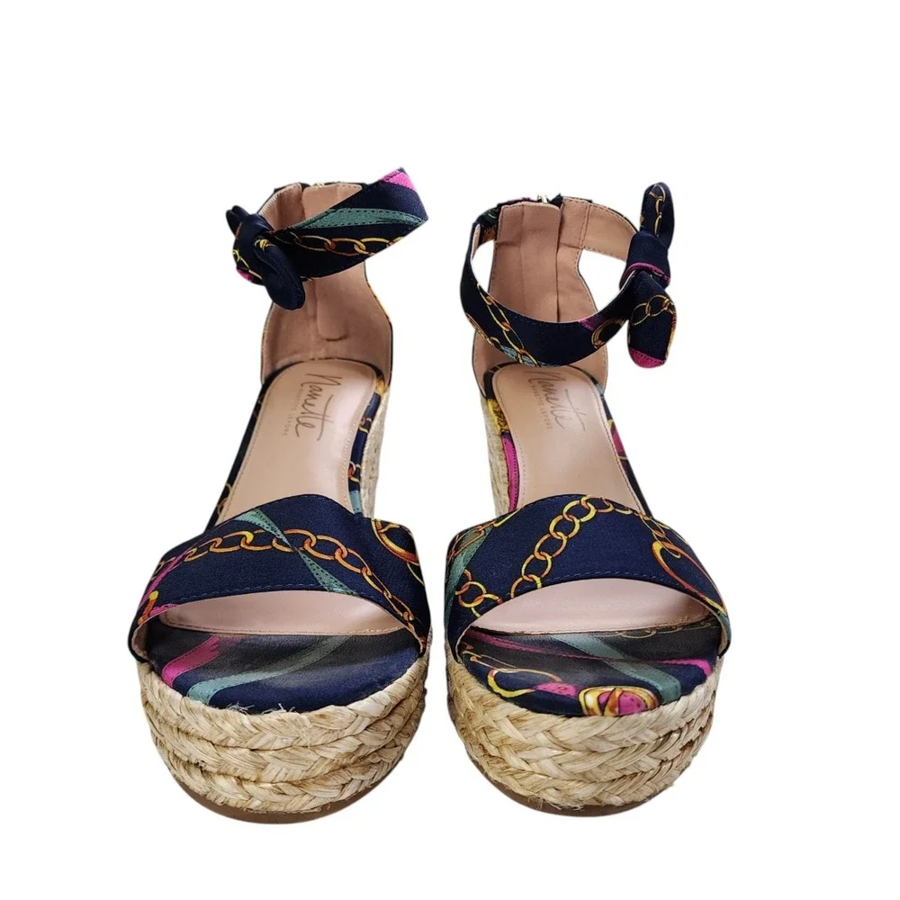 Nanette Lepore Womens Symphony Espadrille Wedge Sandal Size 8.5 Navy Chain Print